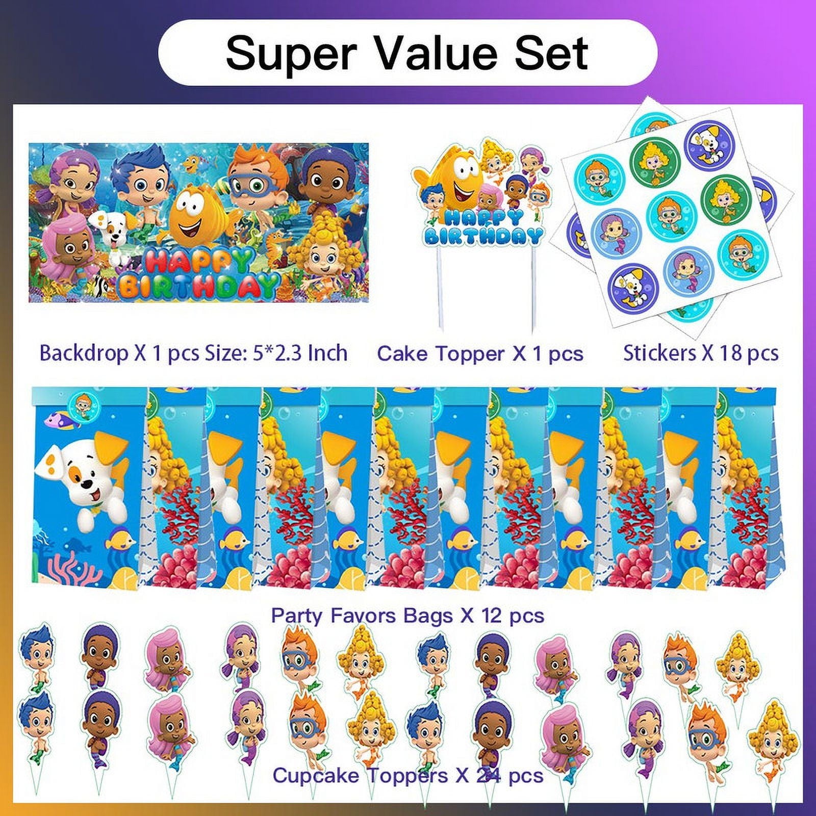 Bubble Guppies Party Favor Bags Goodie Treat Candy Supplies Decorations Birthday Cake Topper Backdrop Banner