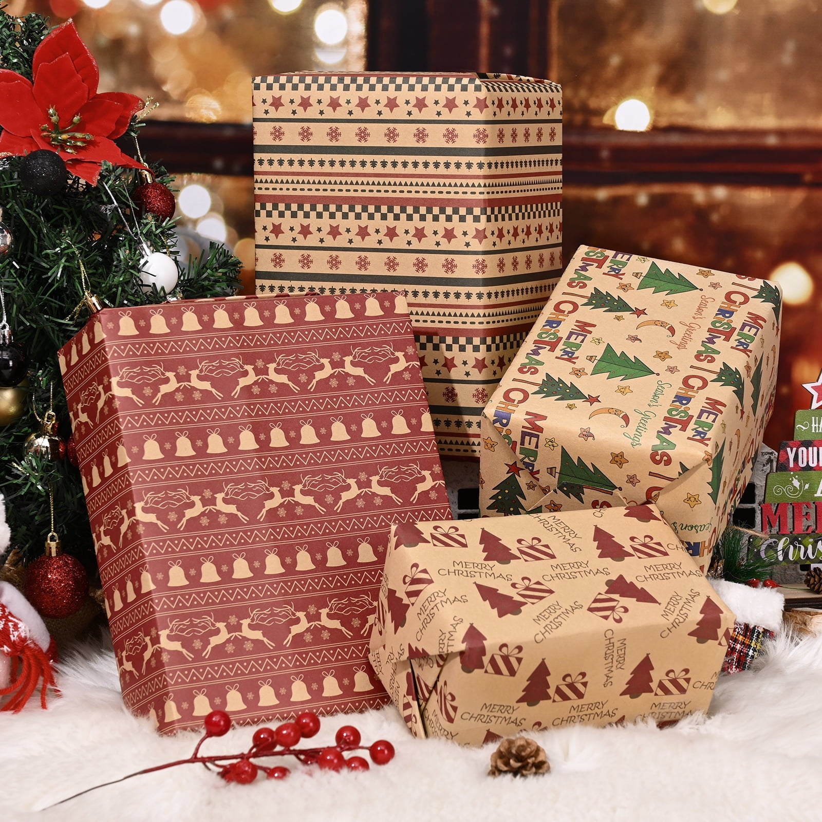 DAZLUTE 20 Sheets Christmas Wrapping Paper Red Snowflake/Xmas Tree Elk/Bell Printed Art Paper 27.6 x 19.7 Inch Xmas Folded Flat Gift Wrap Paper for Winter Holiday Birthday Party