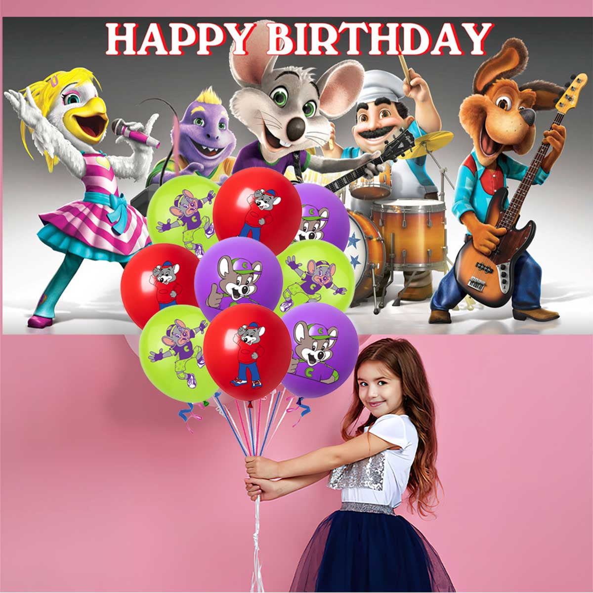 Chuck e Cheese Party Supplies Balloons Tableware Birthday Decorations Plates Banner Cake Topper Backdrop