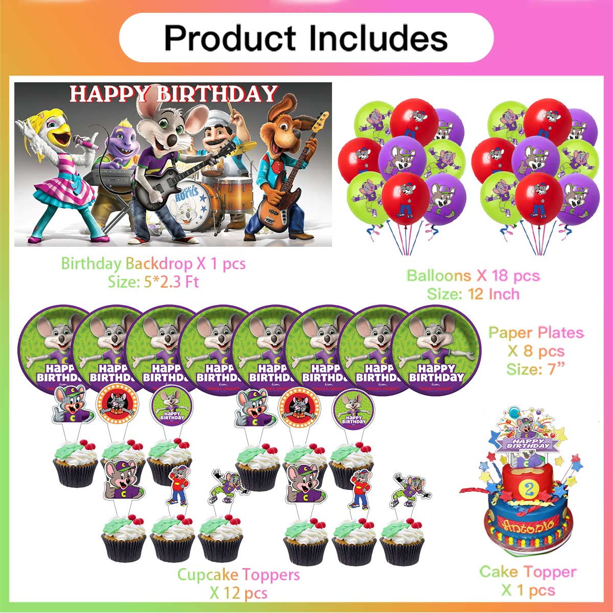 Chuck e Cheese Party Supplies Balloons Tableware Birthday Decorations Plates Banner Cake Topper Backdrop