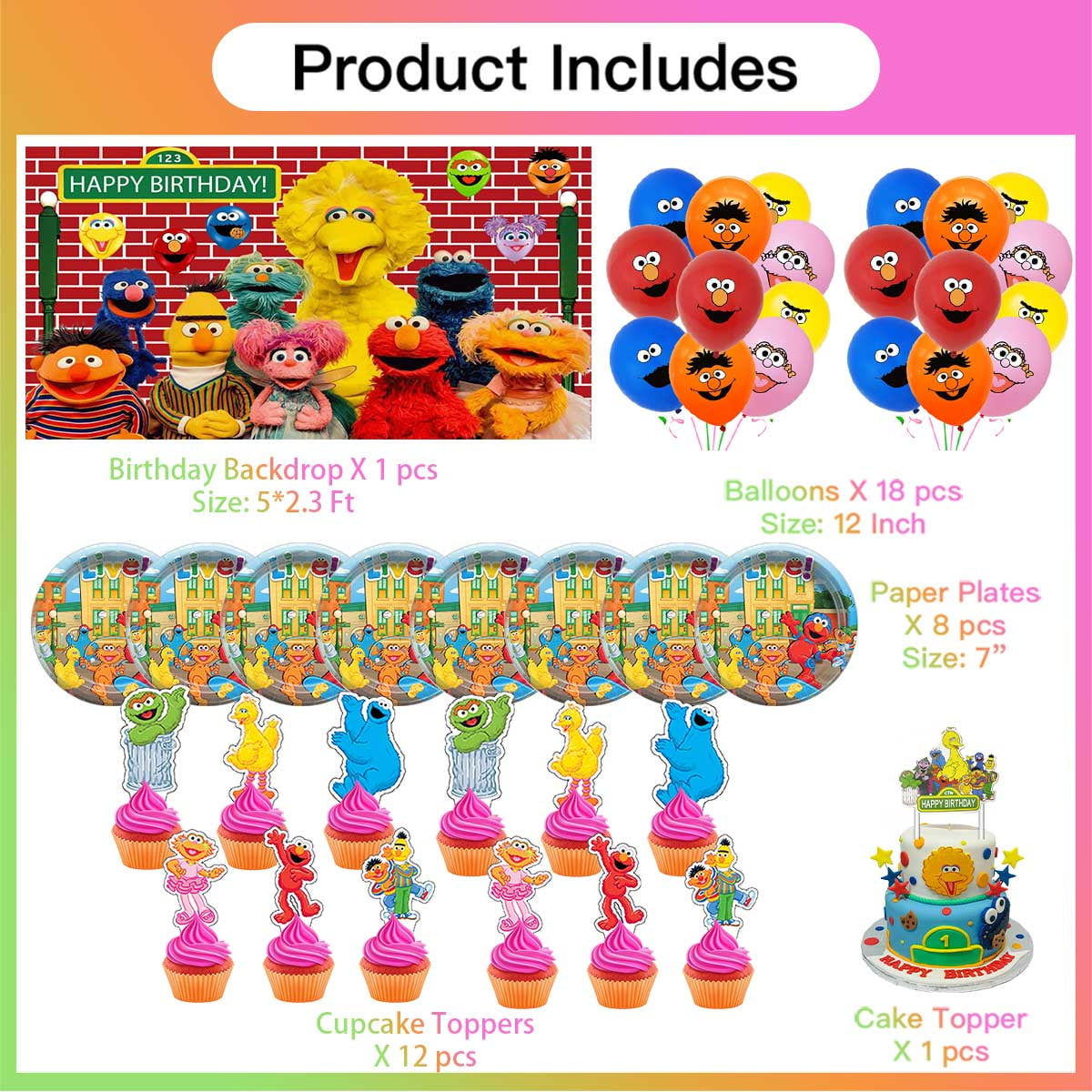 Sesame Street Birthday Party Supplies Balloons Paper Plates Decoration Cake Topper Decor Tableware Banner Backdrop