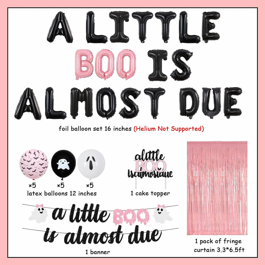 Jollyboom Halloween Baby Shower Decoration Girl, A Little Boo Is Almost Due Baby Shower Decoration Foil Balloon Cake Topper Banner Pink Fringe Curtain for Girl Halloween Baby Shower Party