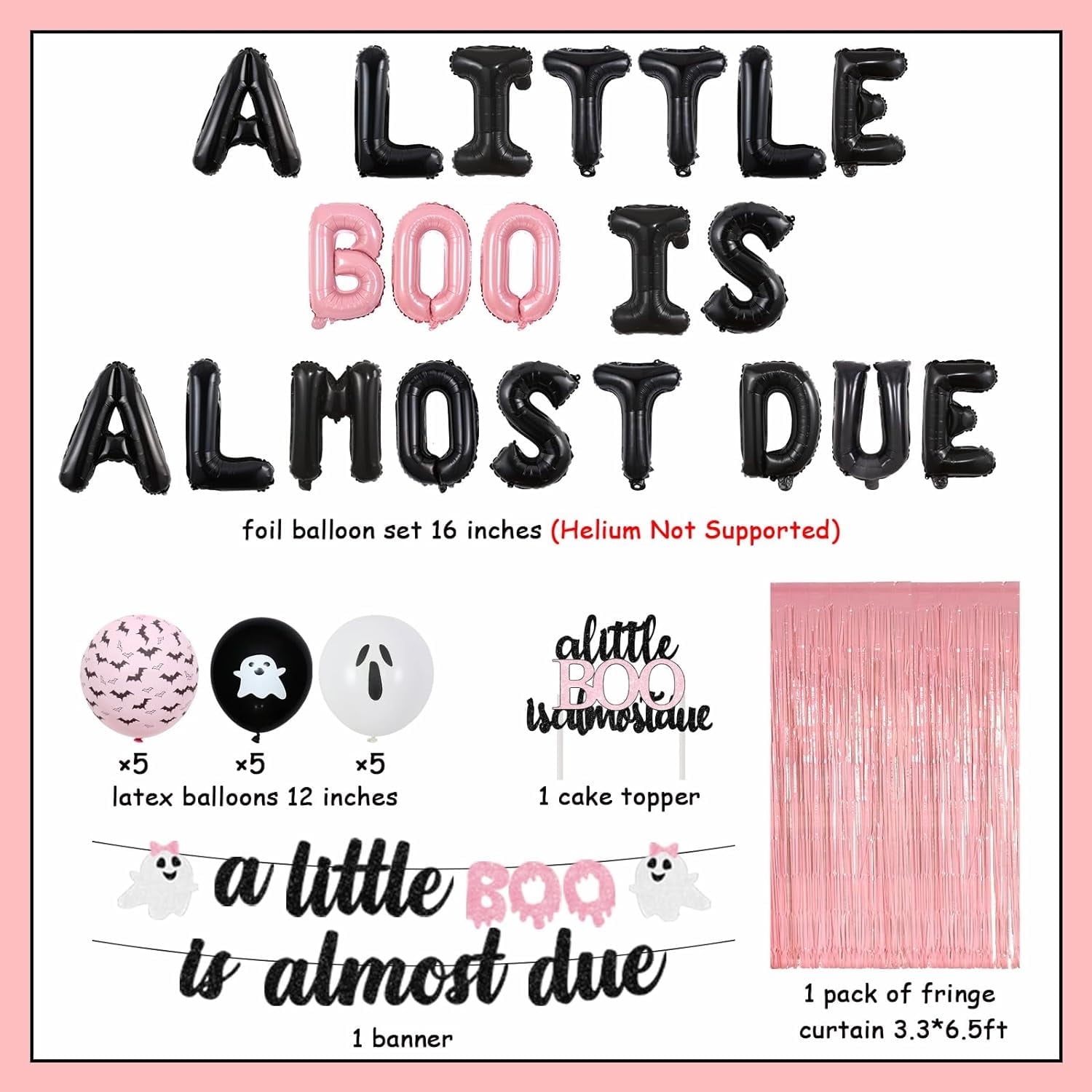 Jollyboom Halloween Baby Shower Decoration Girl, A Little Boo Is Almost Due Baby Shower Decoration Foil Balloon Cake Topper Banner Pink Fringe Curtain for Girl Halloween Baby Shower Party