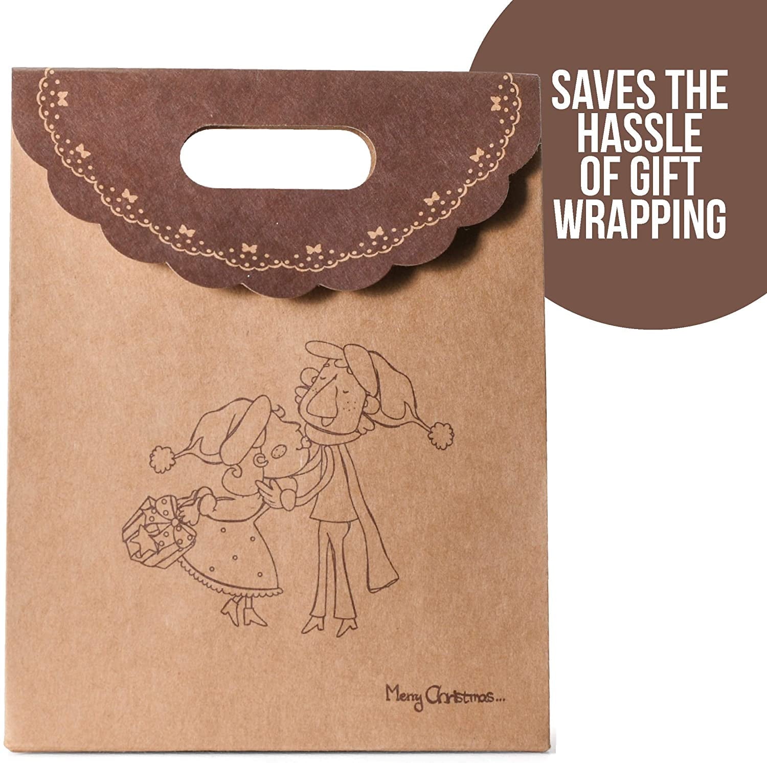 Christmas Gift Bags - 12 Pack Medium Fold Over Brown Kraft Christmas Bags for Gifts, Holiday Favors and Christmas Goodies