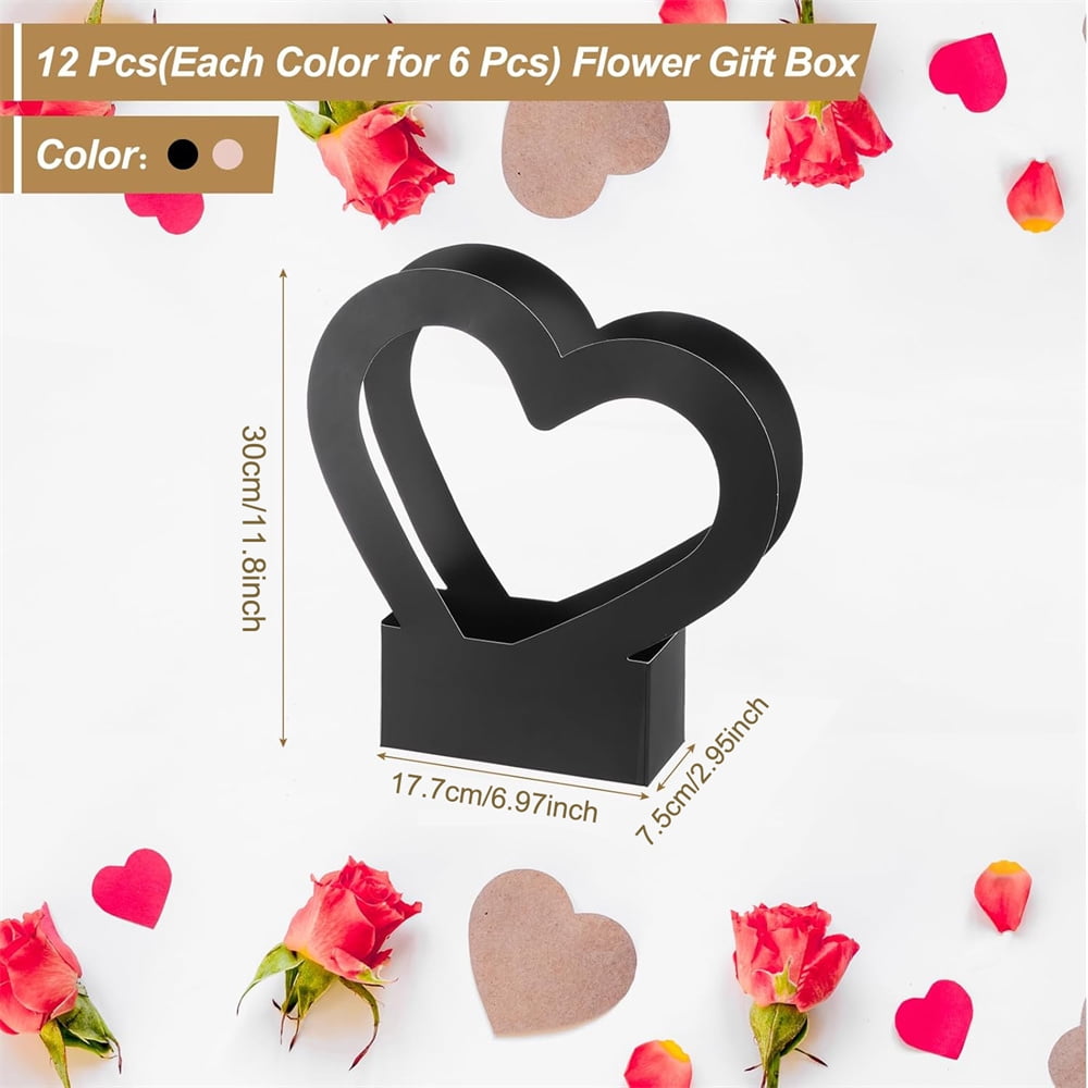 NOGIS Heart Shaped Boxes for Flowers, 12 Pack Empty Arrangement Bouquet Gift Bags with Handle for Party Wedding Graduation, Pink and Black