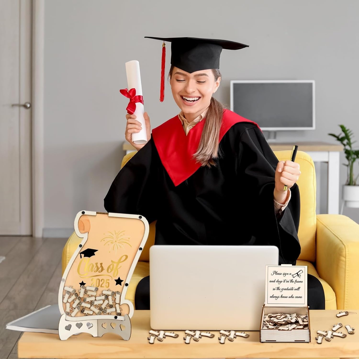 Graduation Guest Book 2025 Graduation Signatures Collecting Name Drop Sign Book with 100pcs Wooden Scroll 1pc Storage Welcome Box 2pcs Pens for Congrats Graduation Party
