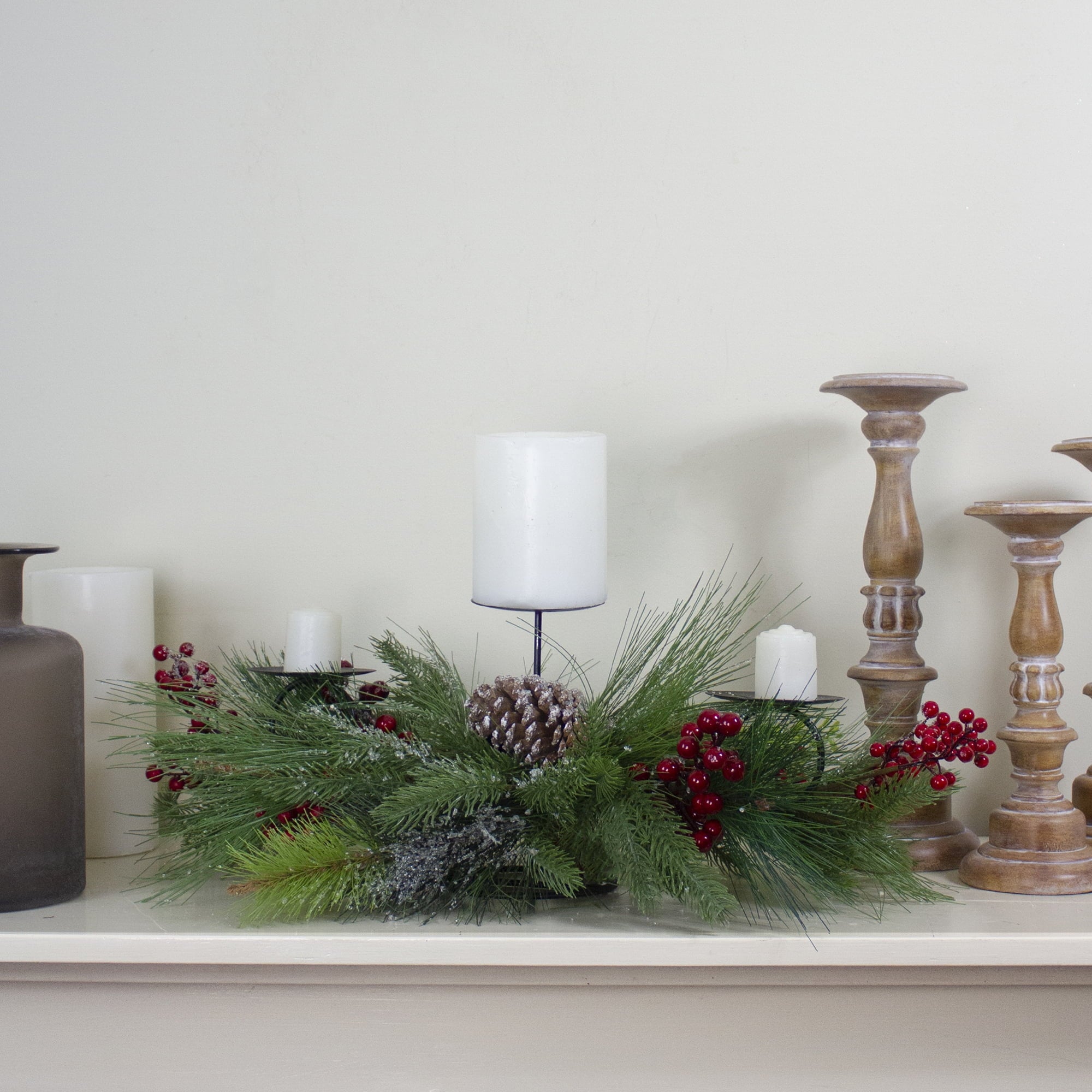 Northlight 32" Iced Mixed Pine, Berries and Pine Cones Christmas Pillar Candle Holder