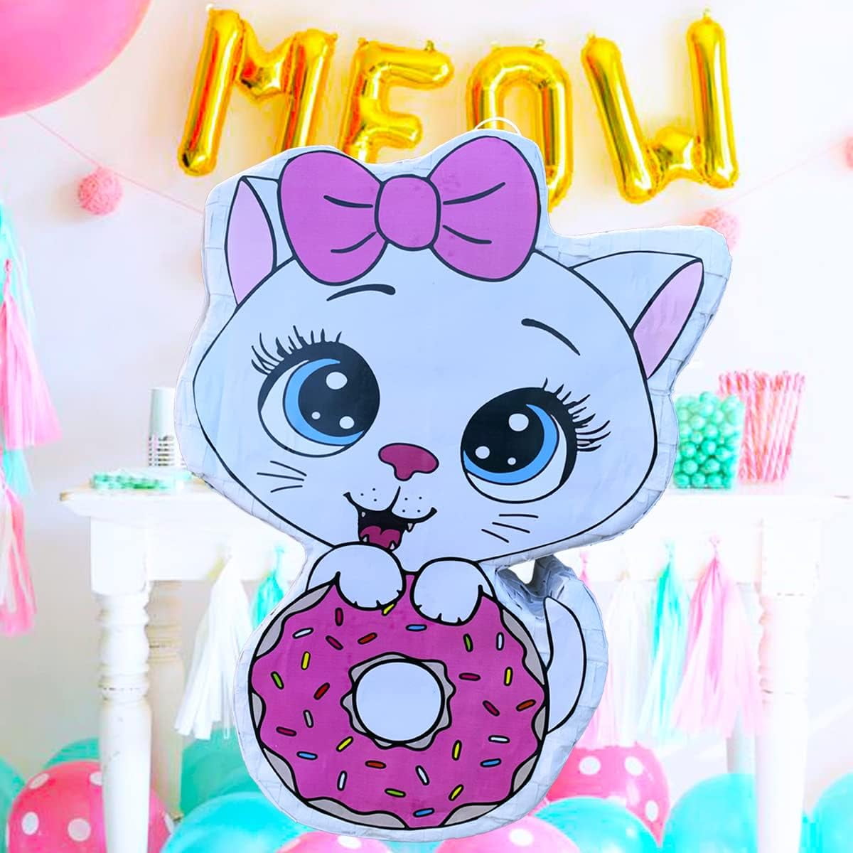 Cat Donut Pinata Bulk Candy Fill Spill Pinatas - Kitty Party Favor Game for Kids Boys Girl Birthday Parties Supplies - Animal Theme Cute Decor School Carnivals Cat Party Event - 16.5 X 12 X 4 In