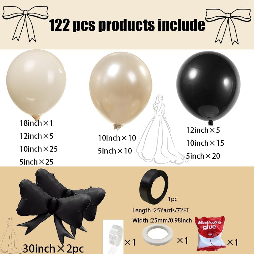 Black Bow Birthday Party Decorations 122pcs black Ivory White Double Stuffed Pearl White Balloons with Black Bow Foil Balloons for Girl Coquette Birthday Wedding Bridal Party Decorations