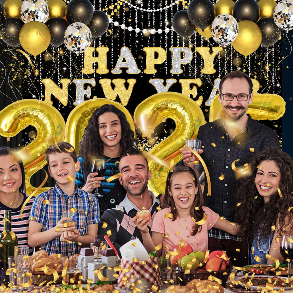 New Years Eve Party Supplies Decorations 2025 Set Large Happy New Year Banner Backdrop Gold Balloons 2025 41Pcs