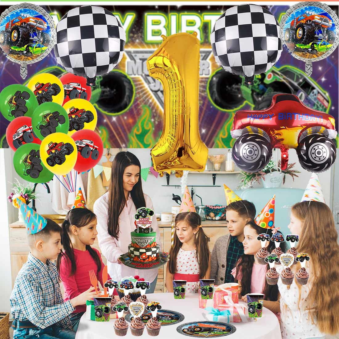 Monster Jam Party Supplies Decor Tableware Backdrop Banner Cake Topper Balloons Birthday Decorations