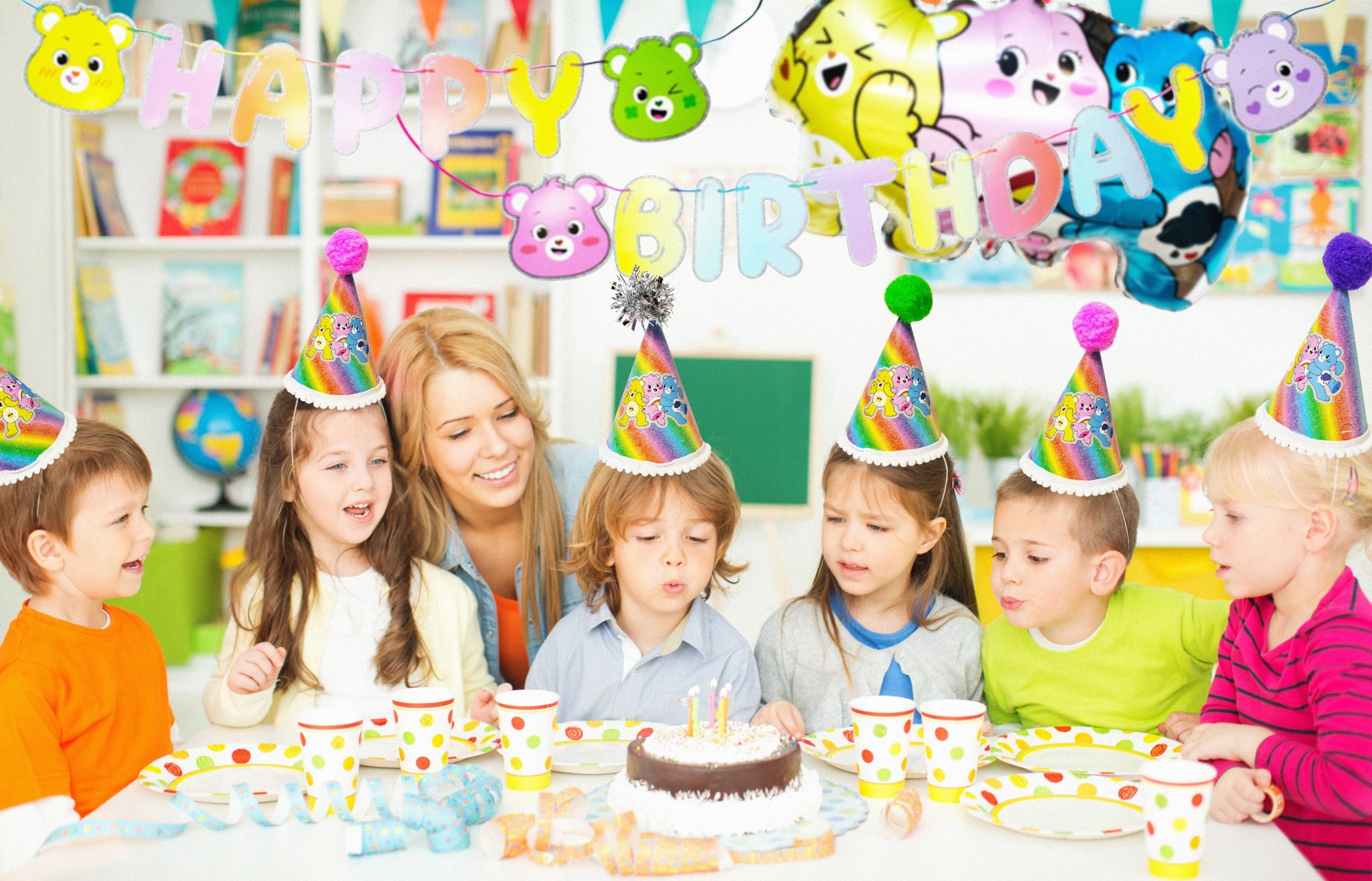 Care Bears Birthday Decorations 31pc Happy Birthday Room Decorations Original Care Bears Party Supplies: Party Hats Birthday Banners Balloons Rainbow Party Favor Baby Shower Gender Reveal Decor 3+