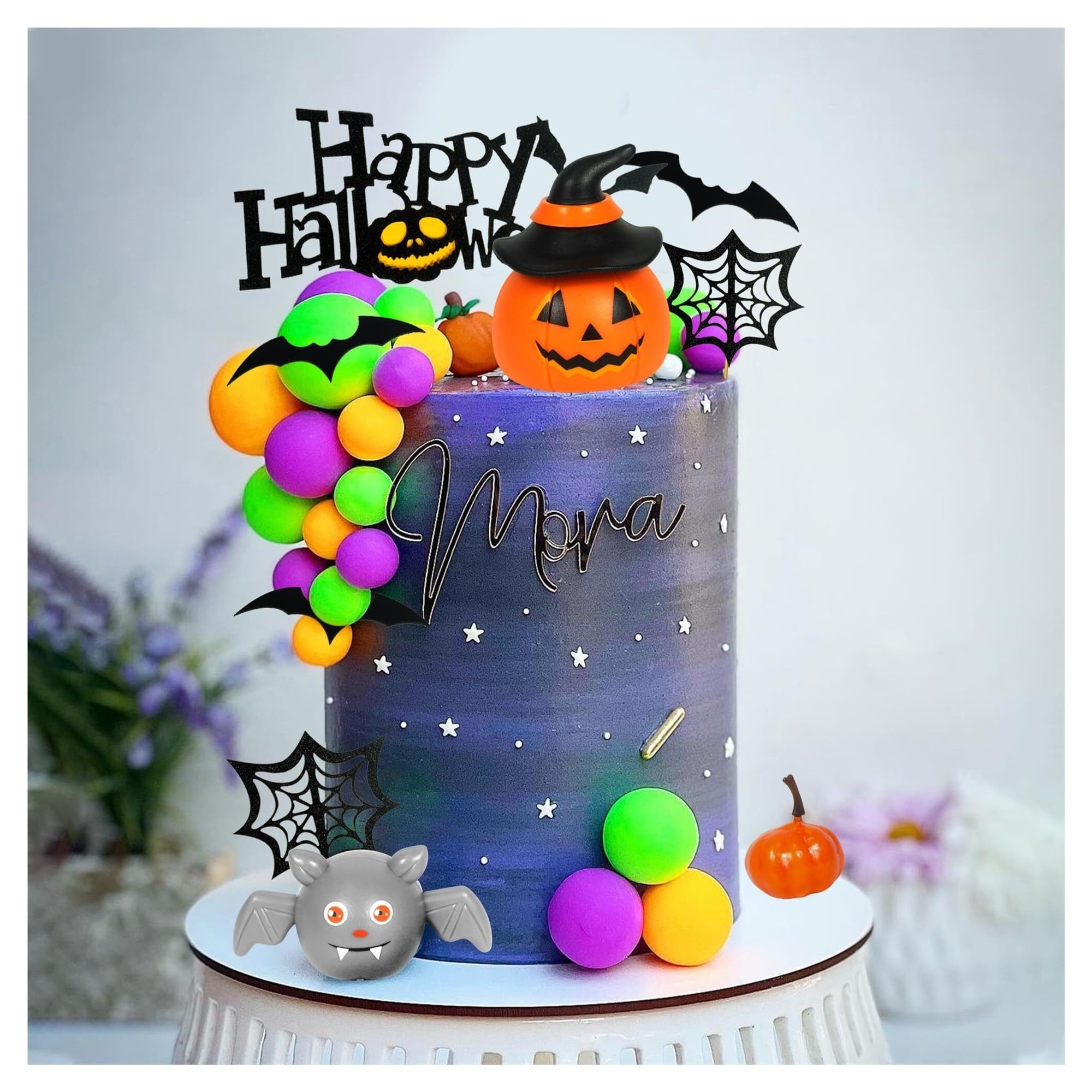 Zhoulg Halloween Cake Toppers 3D Pumpkin Bat Ghost Cake Balls Cake Decorations Happy Halloween Cake Topper For Halloween Party Supplies (Style 01)