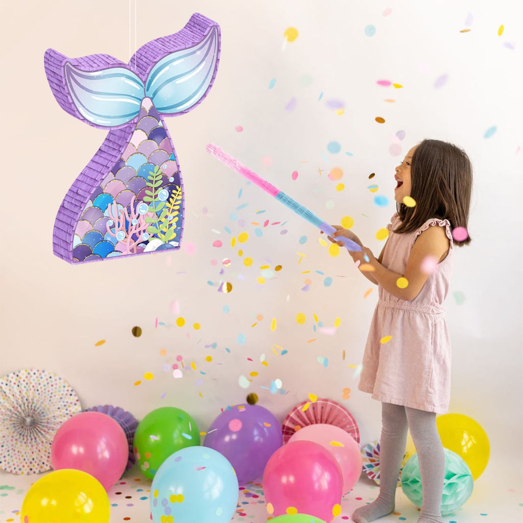 Mermaid Pinata,Mermaid Party Supplies, Mermaid Tail Pinata with Plastic Bat and Paper Blindfold for Kids Ocean Theme Party Game Carnival Activity Decoration (16.1''X12.4''X2.9'')