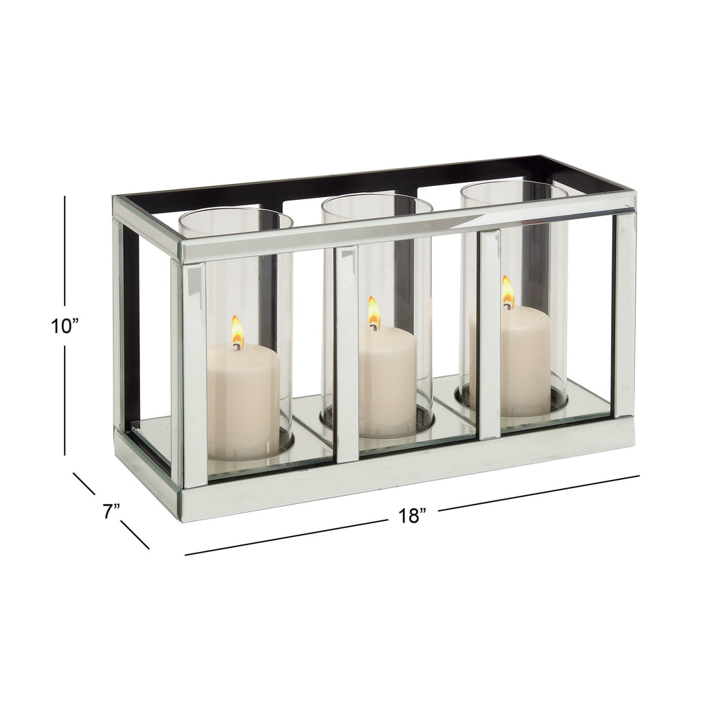 DecMode 3 Holder Silver Glass Pillar Candelabra with Mirrored Accents