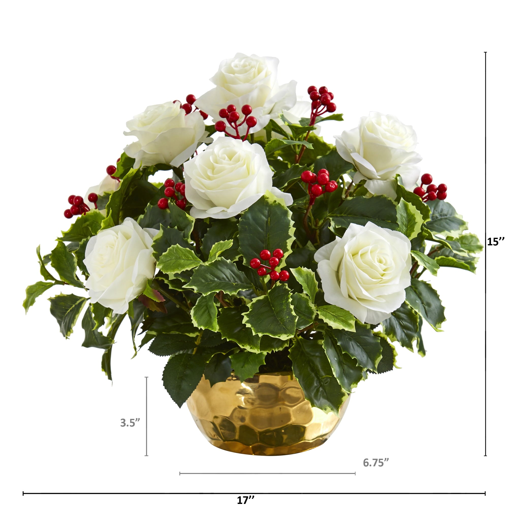 Nearly Natural 15in. Rose and Variegated Holly Leaf Artificial Arrangement in Gold Bowl, White