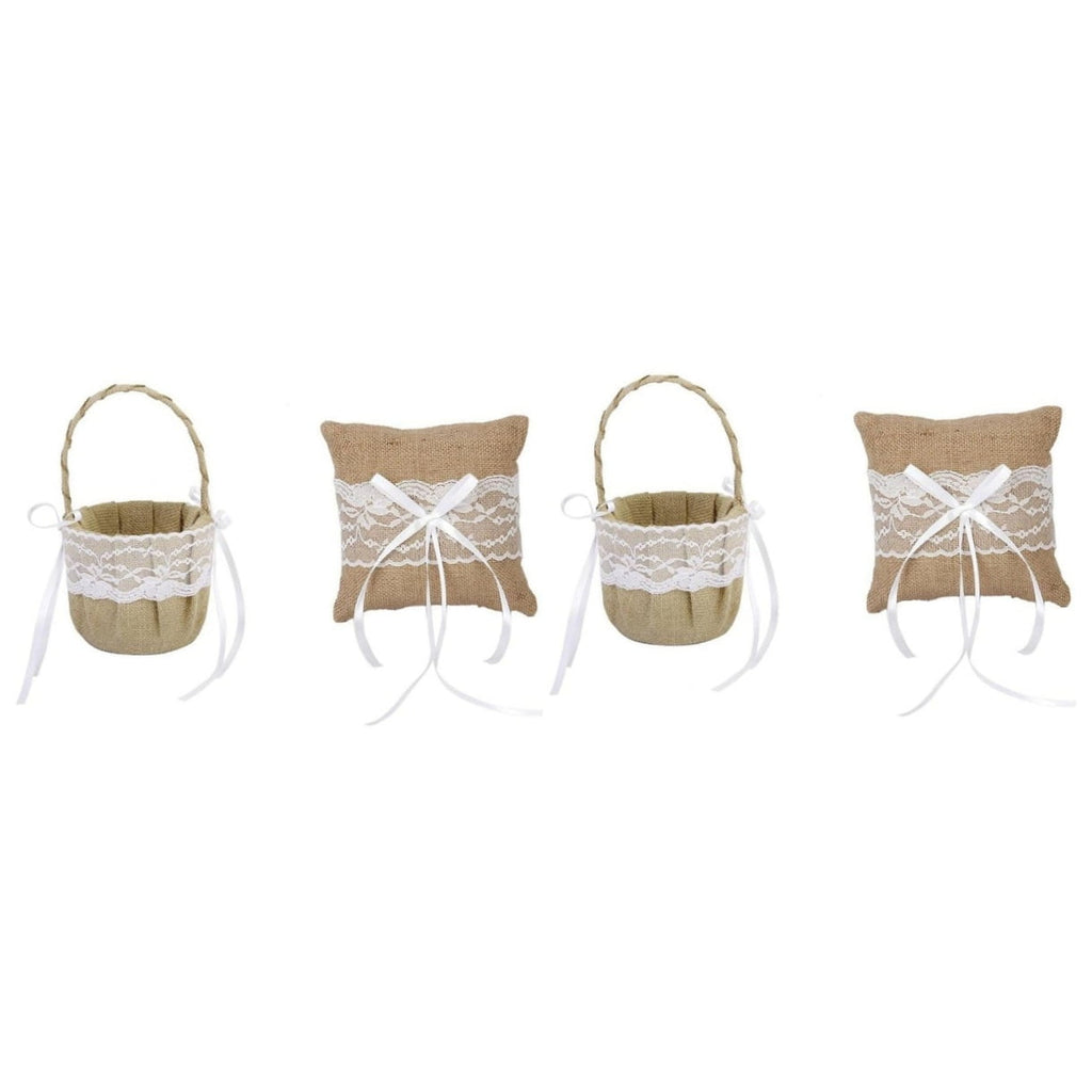 Raindrops 2pcs Set of 6*6'' Generic Burlap Jute & Lace Flower Basket Ring Bearer Pillow Cushion Rustic Country Wedding