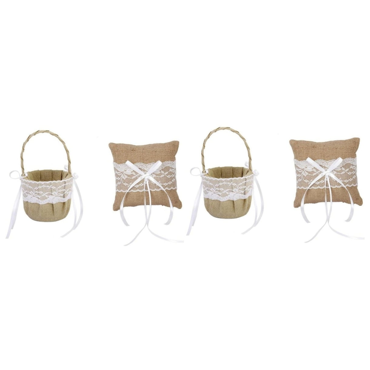 Raindrops 2pcs Set of 6*6'' Generic Burlap Jute & Lace Flower Basket Ring Bearer Pillow Cushion Rustic Country Wedding