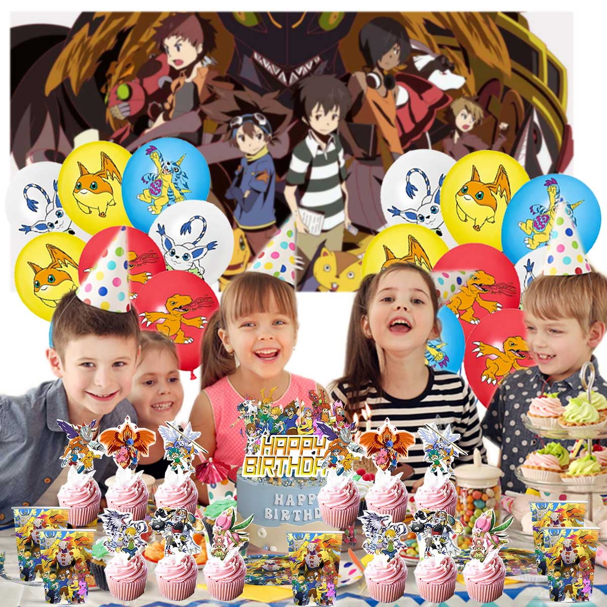 Digimon Monster Birthday Party Supplies Balloons Paper Plates Decoration Cake Topper Decor Tableware Banner Backdrop