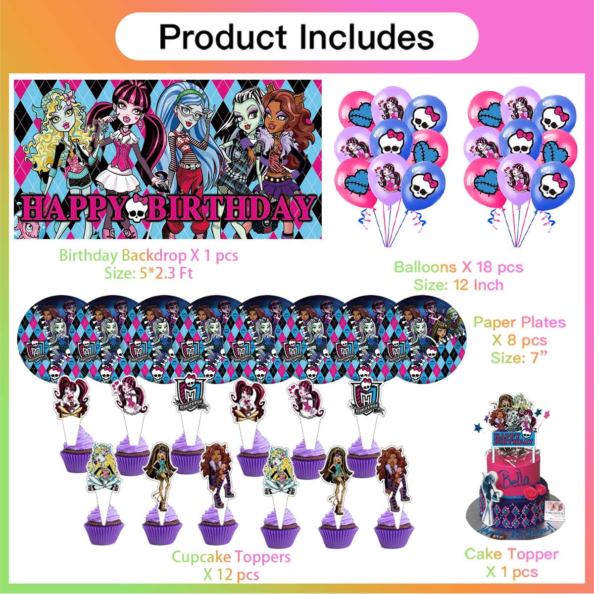 Monster High Birthday Party Supplies Balloons Plates Decoration Cake Topper Decor Tableware Banner Backdrop
