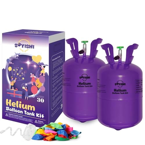 7L Helium Tank for Balloons at Home 2 Pack Helium Balloon Pump Kit with 30 Assorted Latex Balloons, White Curling Ribbon and Wholesalehome Balloon Tie Tool