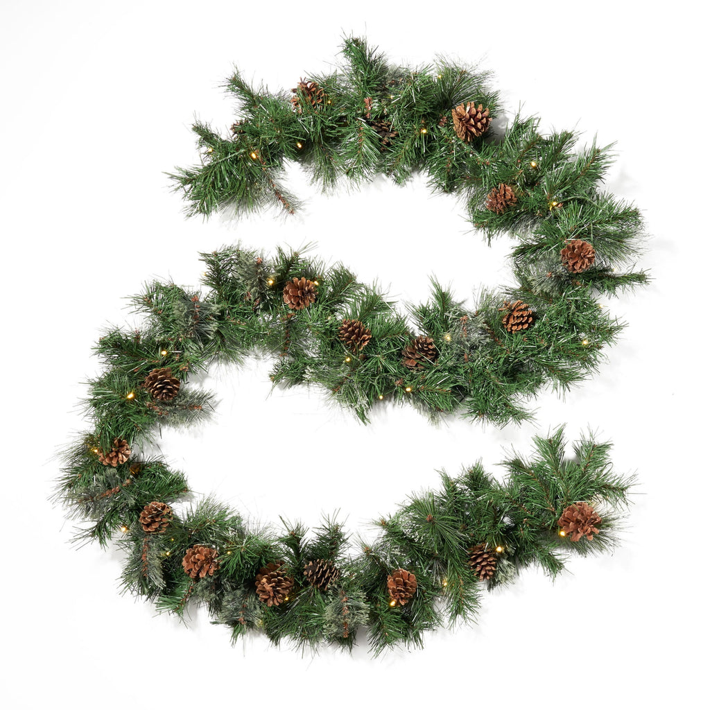 9’X10’’ Cashmere and Snow Bristle Garland with 20 Pine Cones and with 50 Warm White LED Lights with Timer-Battery Operated-Outdoor，160 Tips, Green