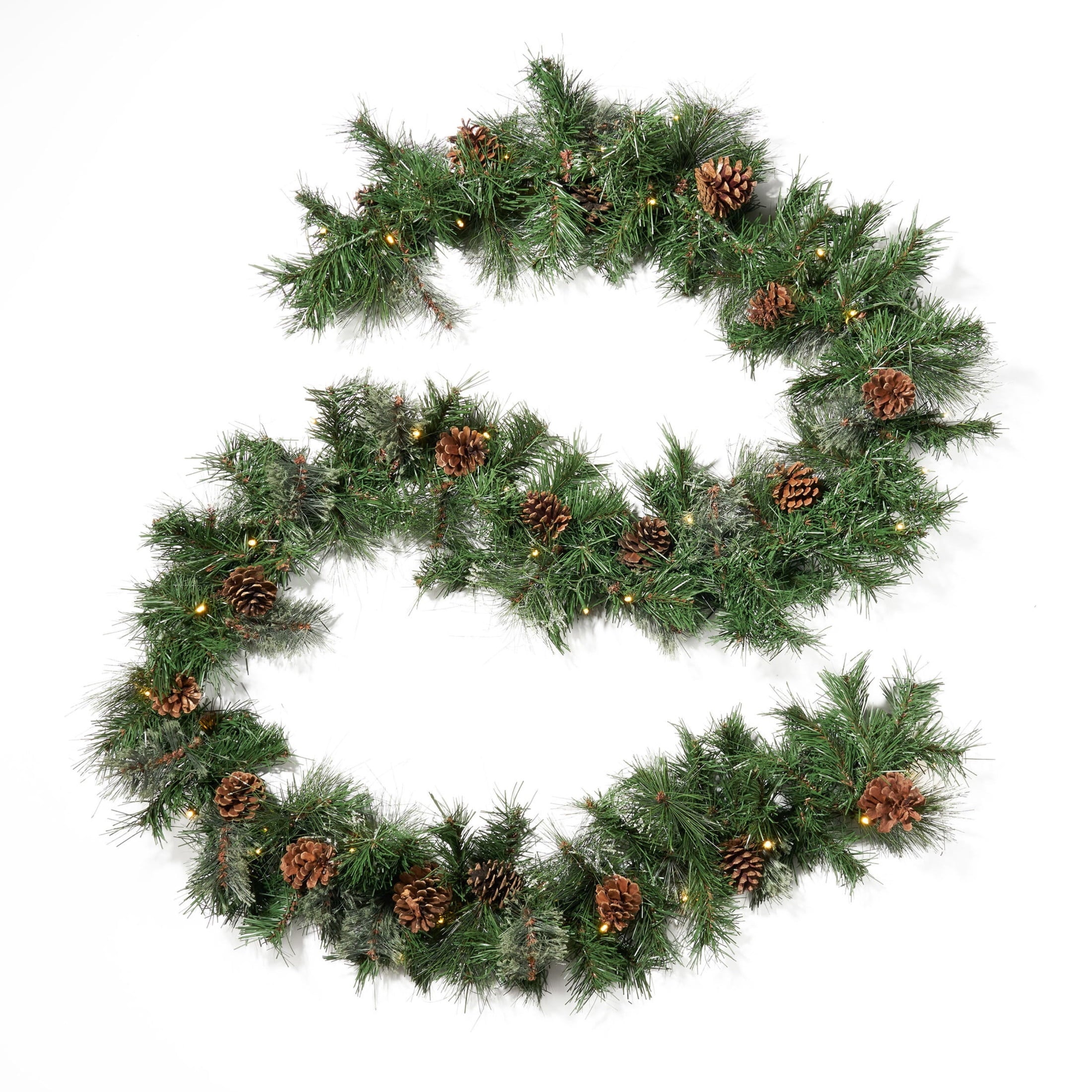 9’X10’’ Cashmere and Snow Bristle Garland with 20 Pine Cones and with 50 Warm White LED Lights with Timer-Battery Operated-Outdoor，160 Tips, Green