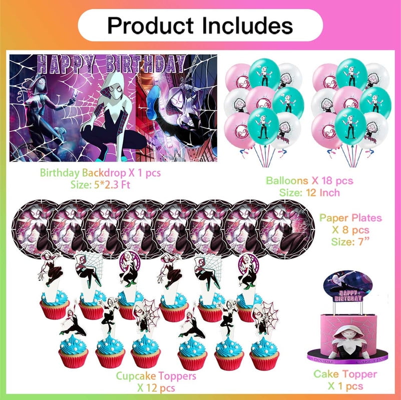 Gwen Spider Girl Tableware Balloons Birthday Plates Party Decor Banner Cake Topper Decorations for Kids Supplies