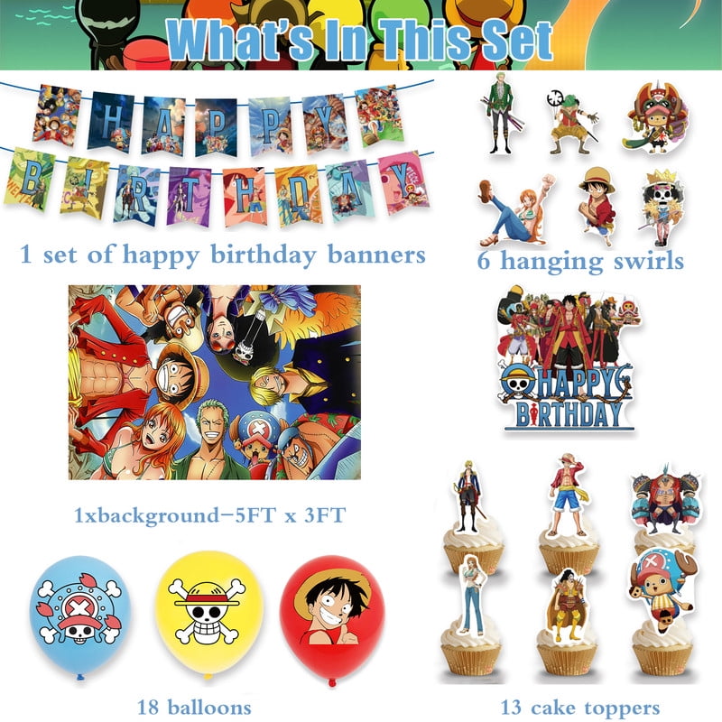 One Piece Birthday Party Decorations Include Happy Birthday Banner, Cake Topper, Background,Patterned Balloons, One Piece Party Favors Supplies for Party Decorations