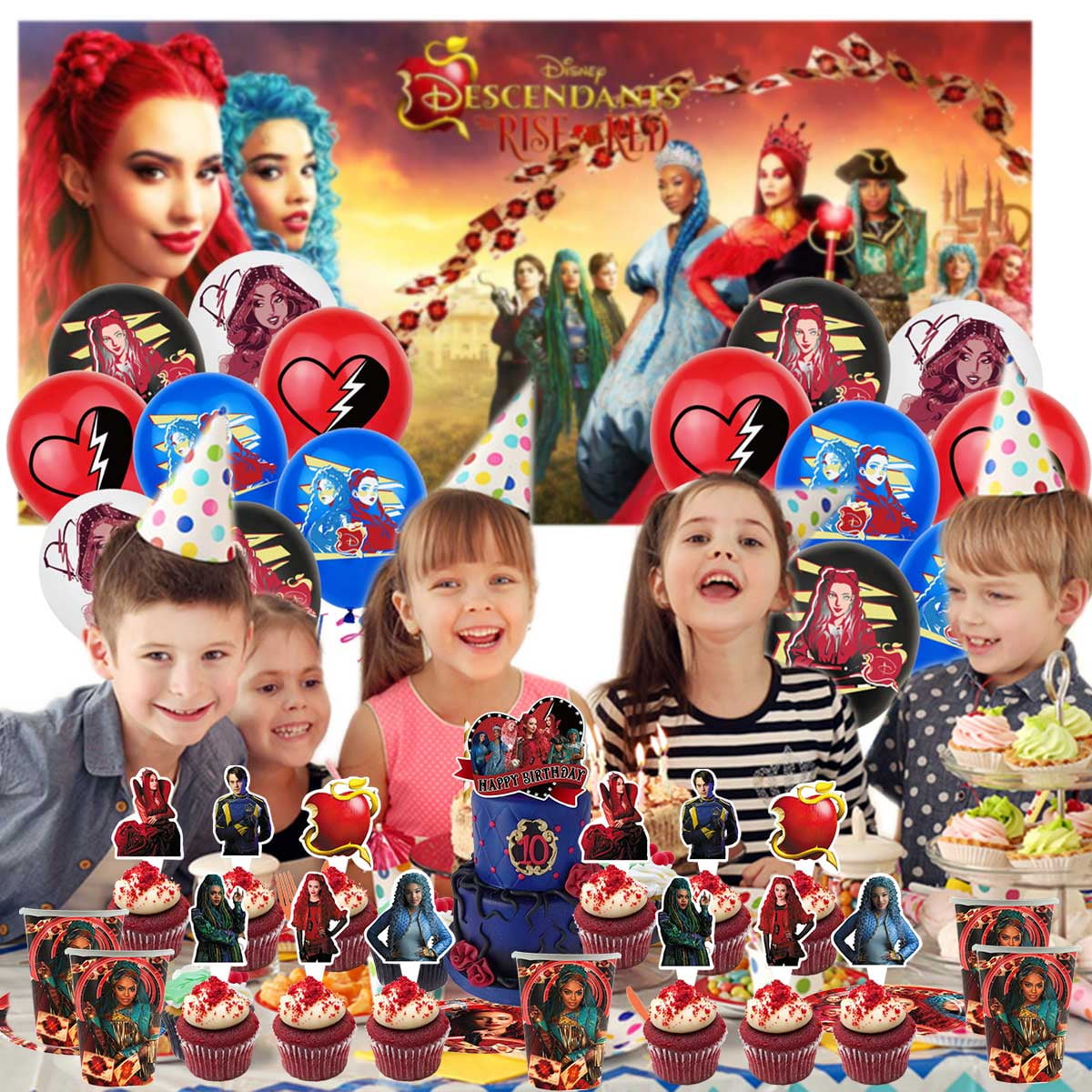Descendants The Rise of Red Party Supplies Balloons Tableware Decorations Birthday Plates Cake Topper Decor Banner Backdrop