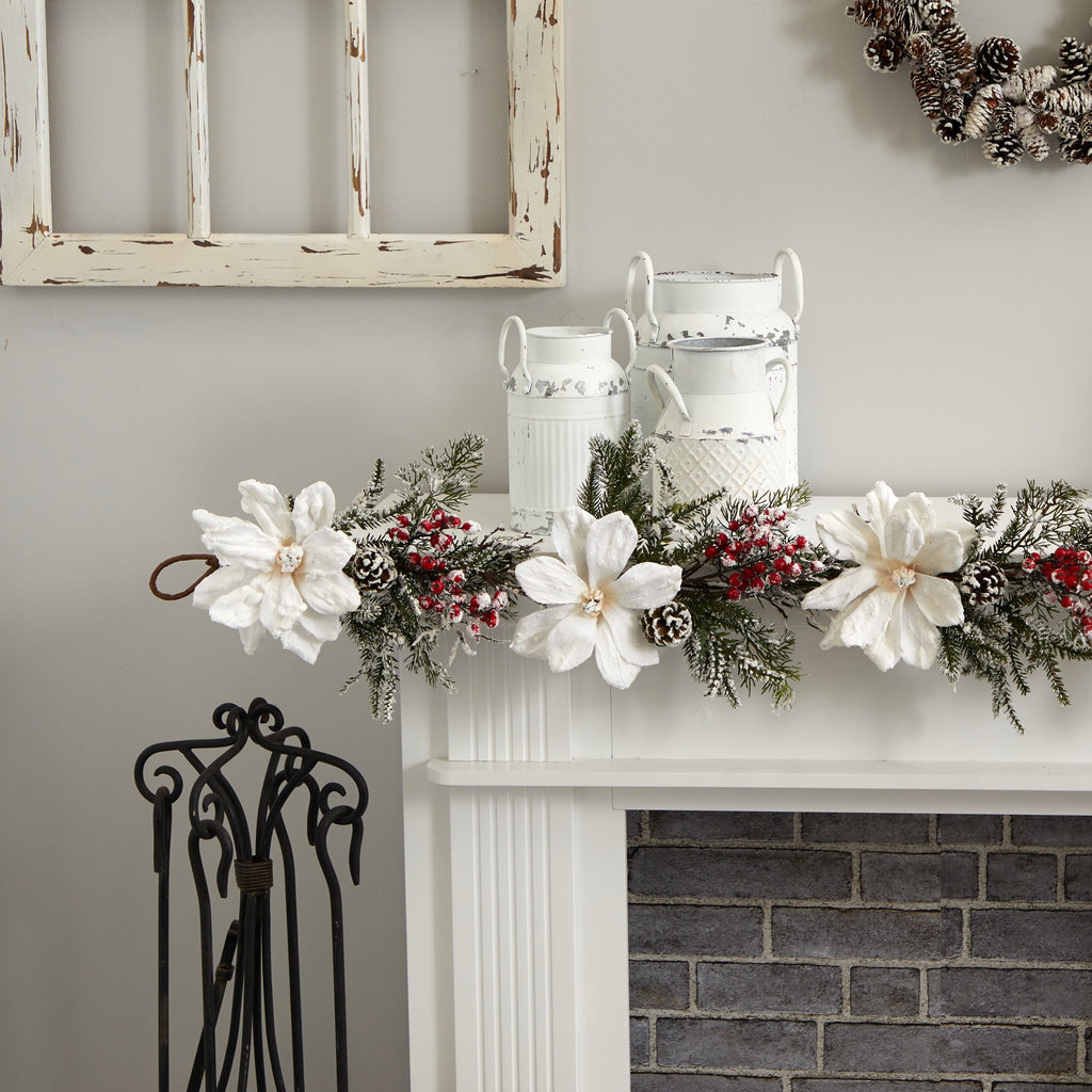 Nearly Natural 60 in. Frosted Magnolia & Berry Artificial Garland
