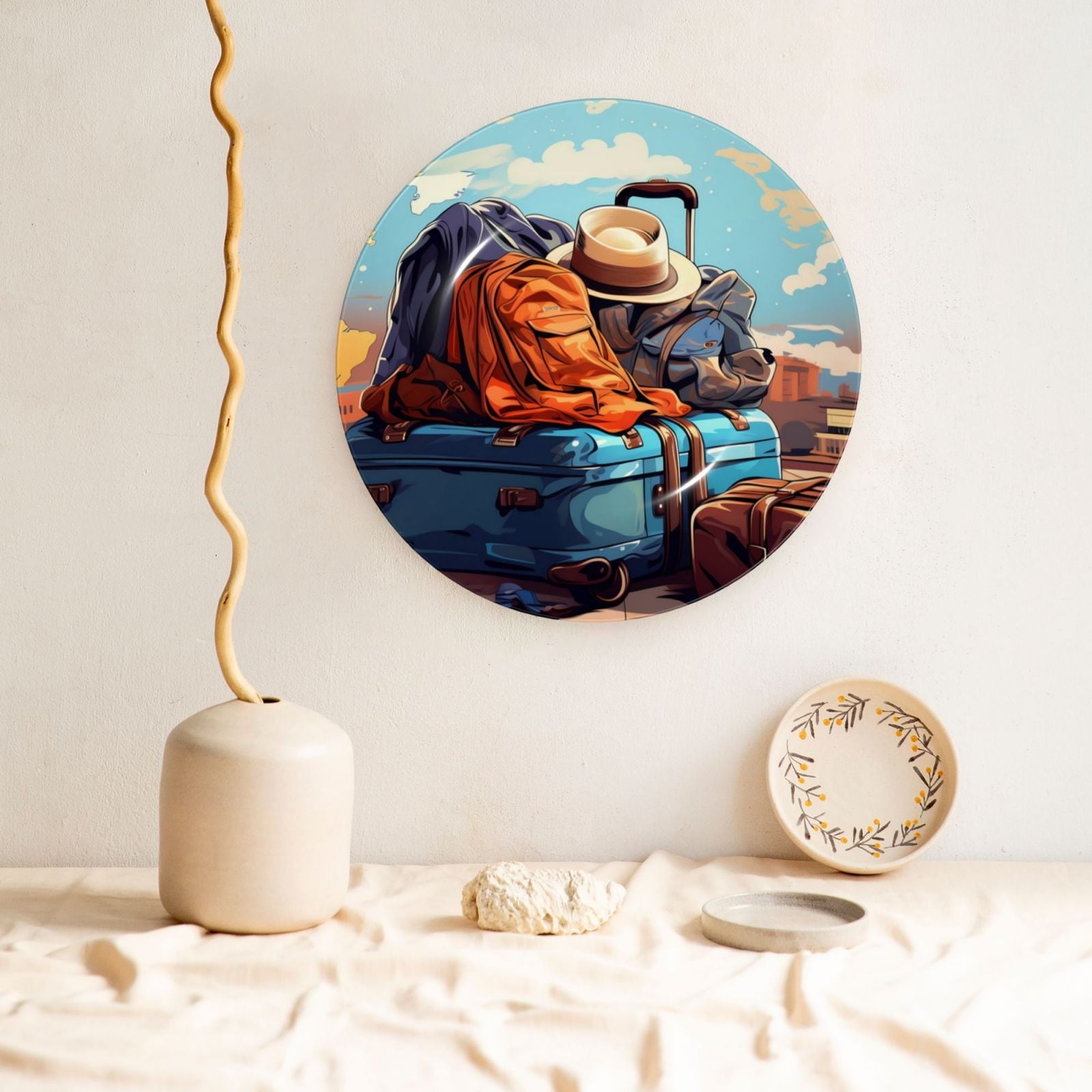 Cauagu Colorful Travel Luggage Gear Print Bone China Decorative Plate, Wall Mount Plate Holiday Decor Decorative Ceramic Plates with Stand Elegant Household Plates Decorative-6in