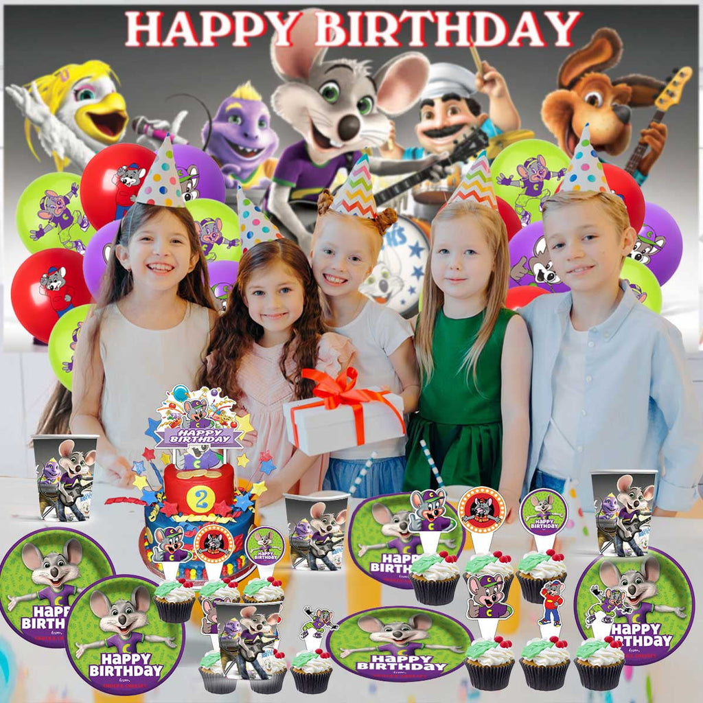 Chuck e Cheese Party Supplies Balloons Tableware Birthday Decorations Plates Banner Cake Topper Backdrop