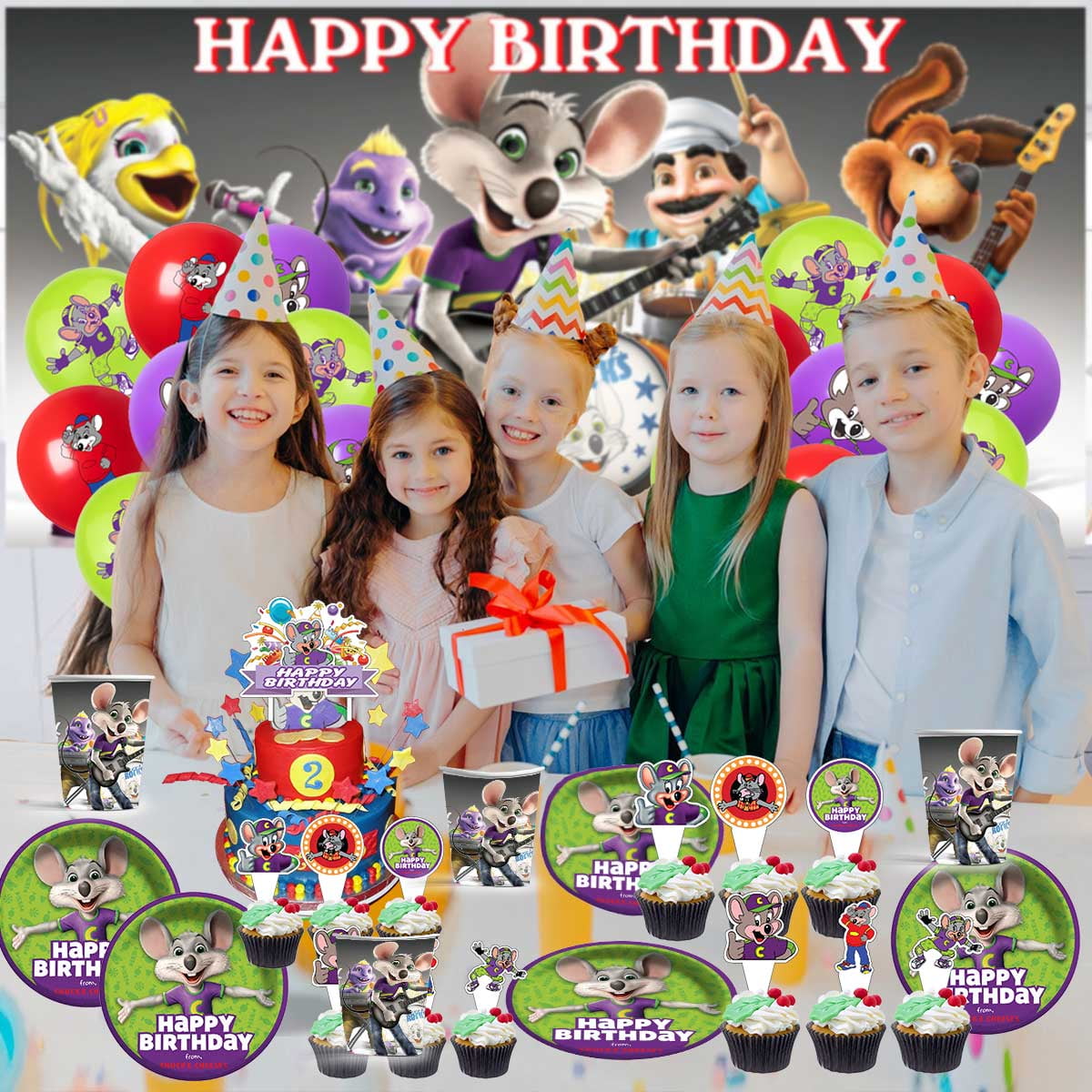 Chuck e Cheese Party Supplies Balloons Tableware Birthday Decorations Plates Banner Cake Topper Backdrop