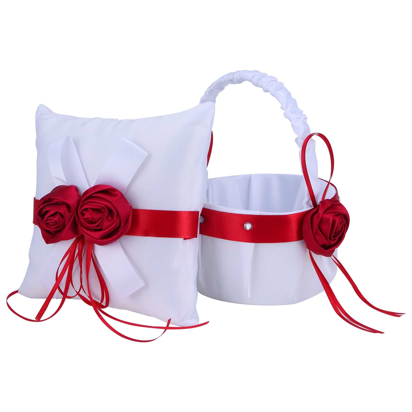 Verdant Touch Ring Pillow Set Wedding Hand Basket Set Flower Basket and Ring Bearer Pillow Cushion for Wedding
