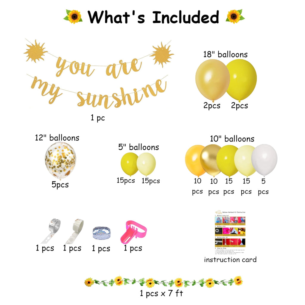 114 pcs Sunflower Balloon Garland Arch Kit With You Are My Sunshine Banner Cake Topper and Cupcake Topper For Baby Shower, Birthday Party Decoration Supplies
