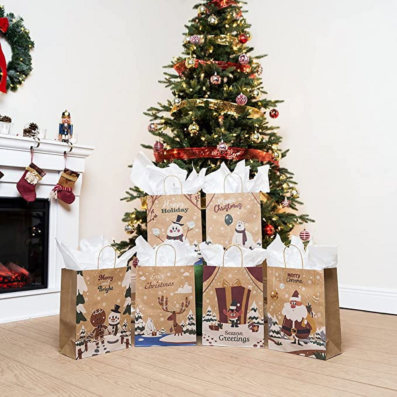 JOYIN 24 Pcs Christmas Kraft Paper Gift Bags, 10X 13 X5'' Large Gift Bags with 8 Designs for Christmas Holiday Present Wrapping Décor, Xmas Goodie Bags Party Supplies