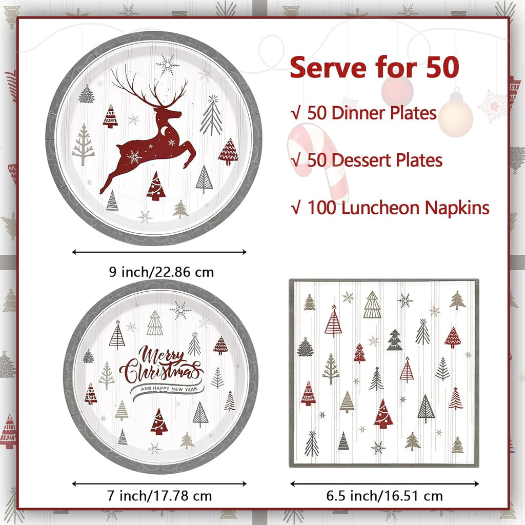 DAZLUTE 200 PCS Christmas Paper Plates and Napkins Serves 50 Guests, Elk Christmas Tree Disposable Dinnerware Set for Christmas Party