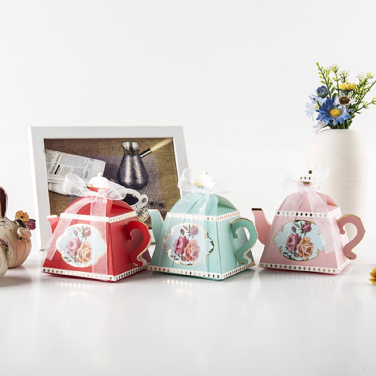 Yesbay 10Pcs Packaging Paper Box Smooth Edges Retro Paper Teapot Shape Vintage Candy Boxes,Blue