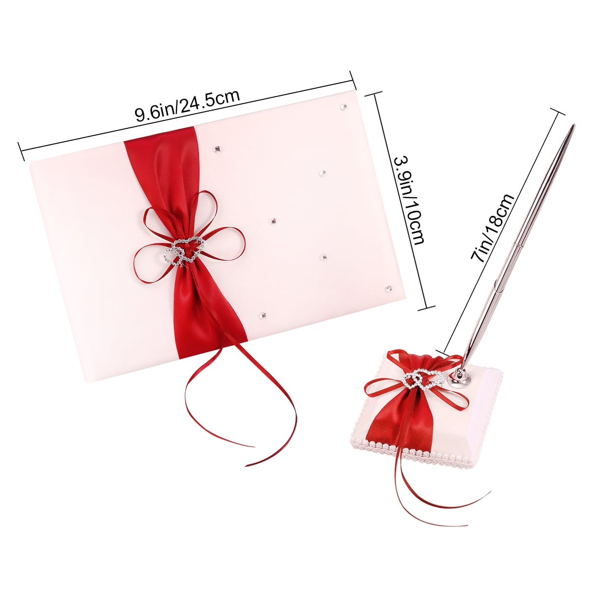 WHAMVOX Weddings Decor Guest Attendance Book with Pen and Pen Stand Sets Satin Bows Signature Book for Party Decorations (Red)