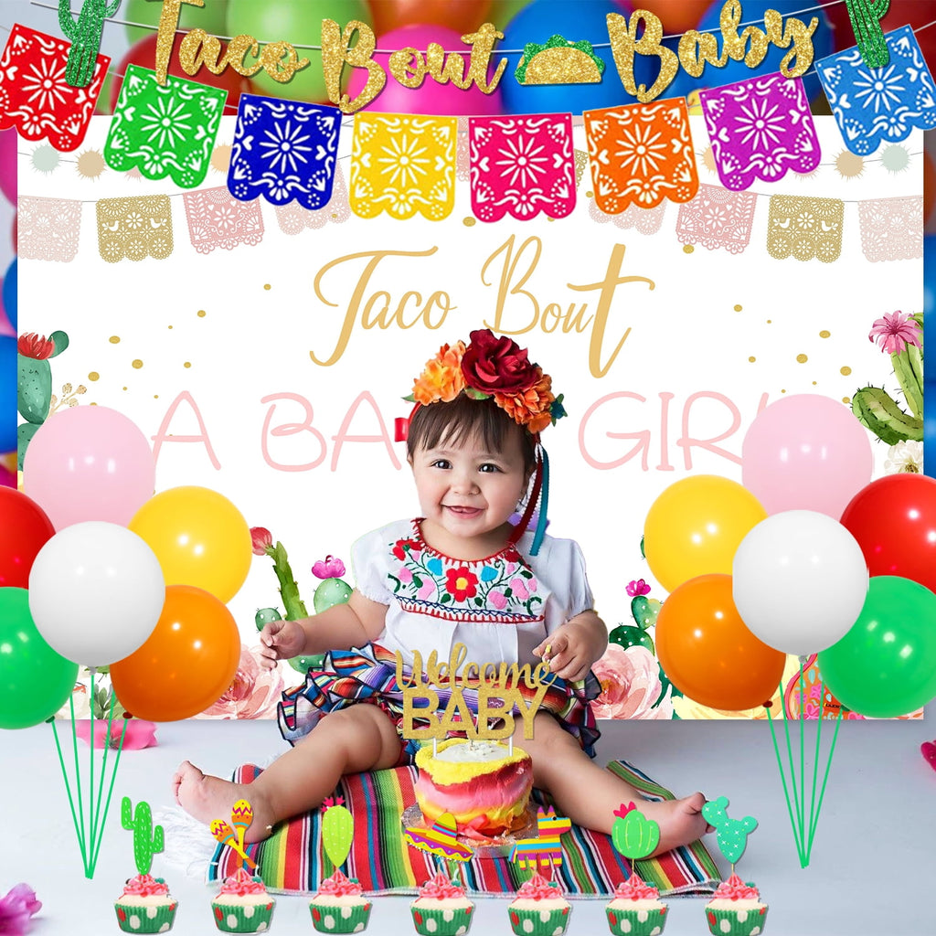 Taco Bout A Baby Girl Mexican Theme Baby Shower Decorations Welcome Baby Girl with Fiesta Backdrop Cake Toppers for Cinco de Mayo Girl Baby Shower Party Supplies