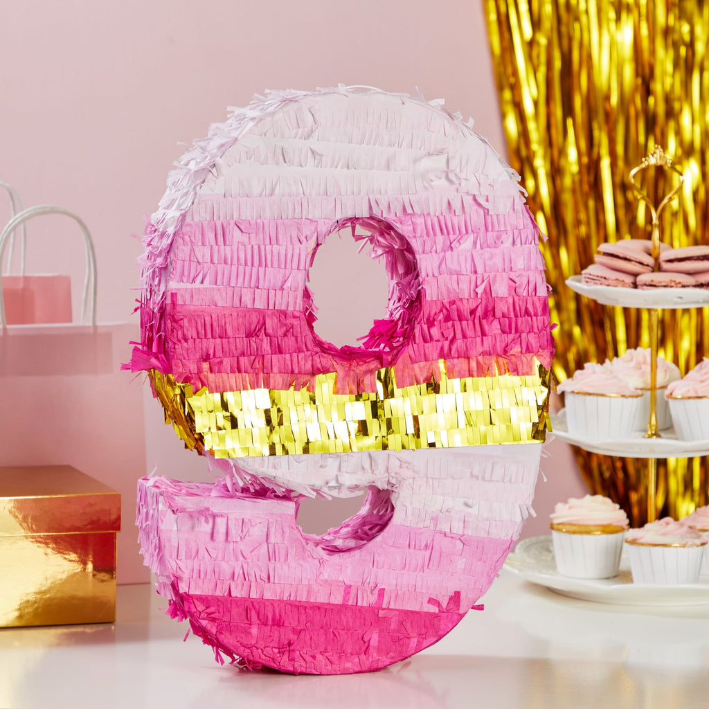 BLUE PANDA Number 9 Pinata, Pink and Gold for Kids Ages 3–14 Birthday Party Decorations, Fiesta, Anniversary Celebration, Small (16.5 x 11 x 3 In)