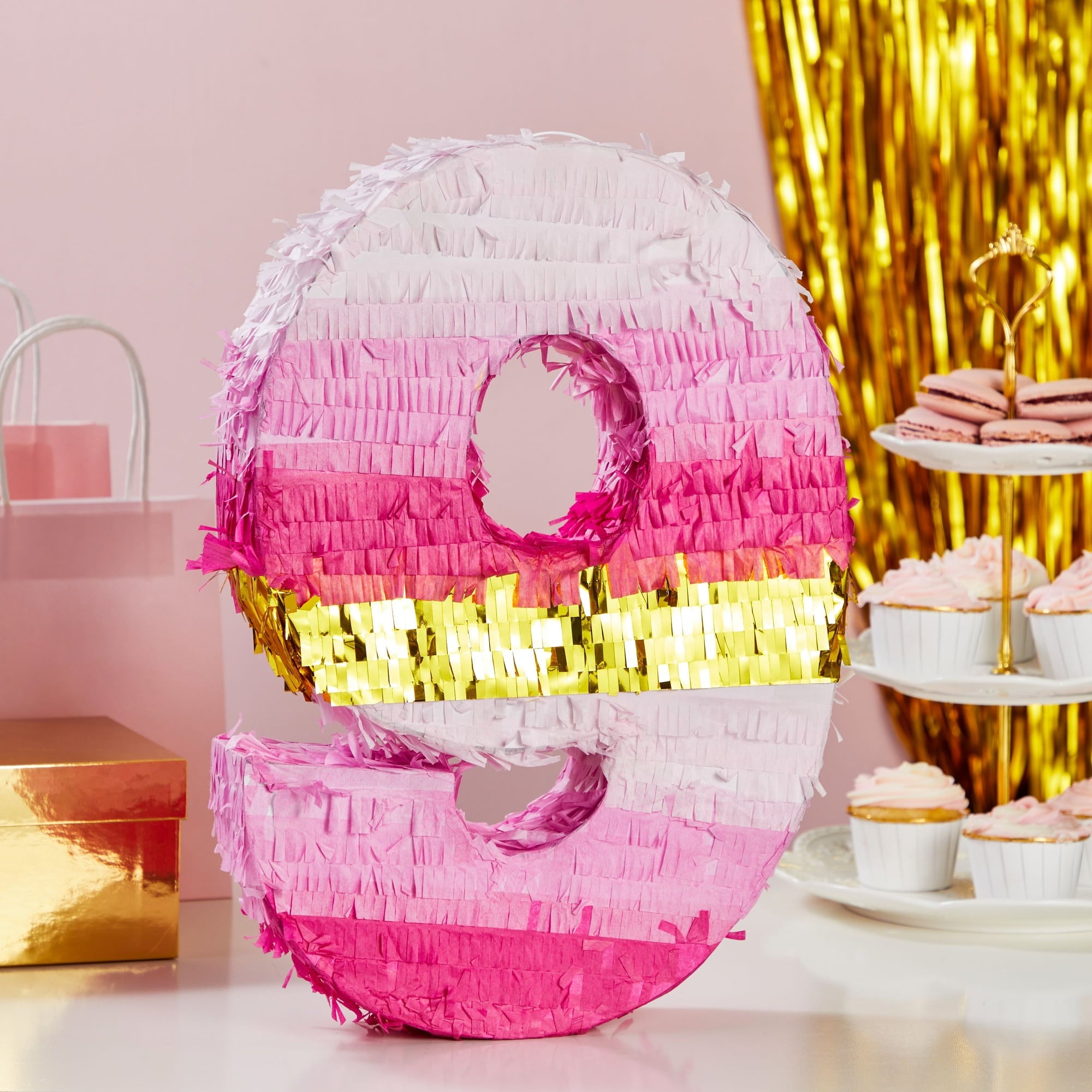 BLUE PANDA Number 9 Pinata, Pink and Gold for Kids Ages 3–14 Birthday Party Decorations, Fiesta, Anniversary Celebration, Small (16.5 x 11 x 3 In)