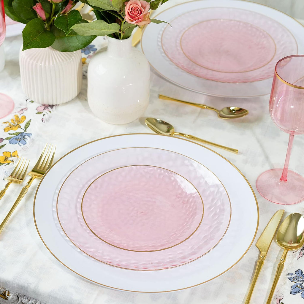 PLASTICPRO 64-piece Pink Hammered Plastic Plates Combo Set Disposable Elegant Plates for Party, 7'' & 10''