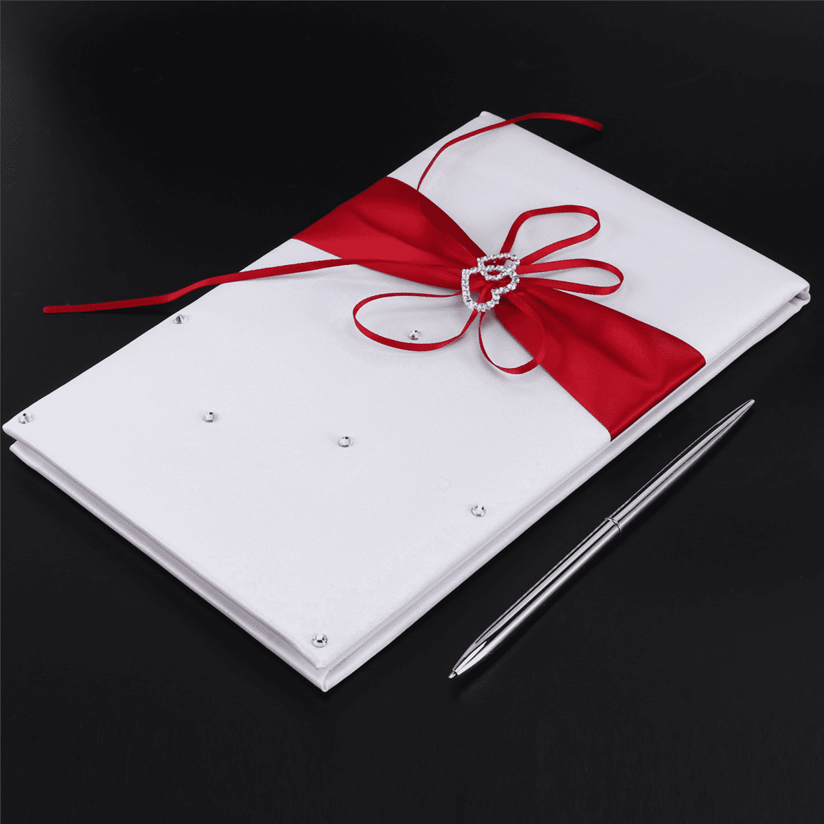 2X Wedding Guest Book with Pen Holder Sets Satin Bows Signature Book with Diamonds Love Shape Red+White