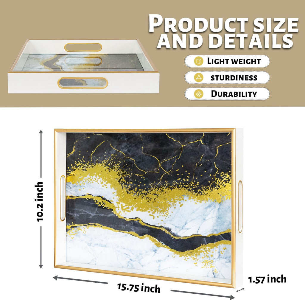 MAONAME White Decorative Tray, 15.7" X 11.8" Plastic Serving Tray with Handles, Printed Marble Glass Tray, Rectangular Tray for Coffee Table