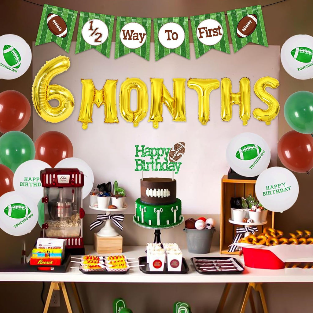 Football Half Birthday Decorations - Football 6 month Birthday Party, 1/2 Birthday Football Decorations Banner, Green Coffee Balloons Happy Birthday Cake Topper 6 Month Foil Balloon for Boy Birthday