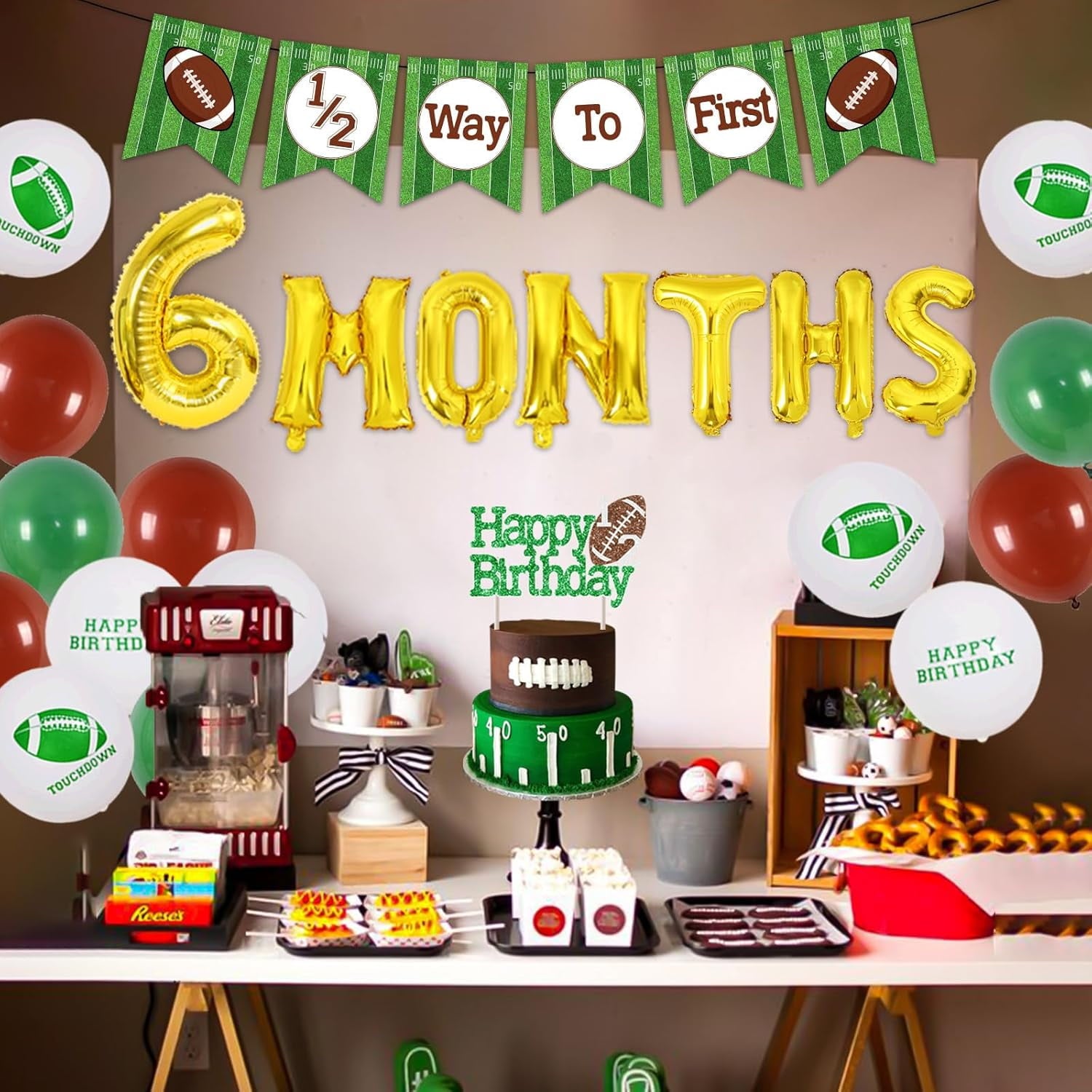 Football Half Birthday Decorations - Football 6 month Birthday Party, 1/2 Birthday Football Decorations Banner, Green Coffee Balloons Happy Birthday Cake Topper 6 Month Foil Balloon for Boy Birthday