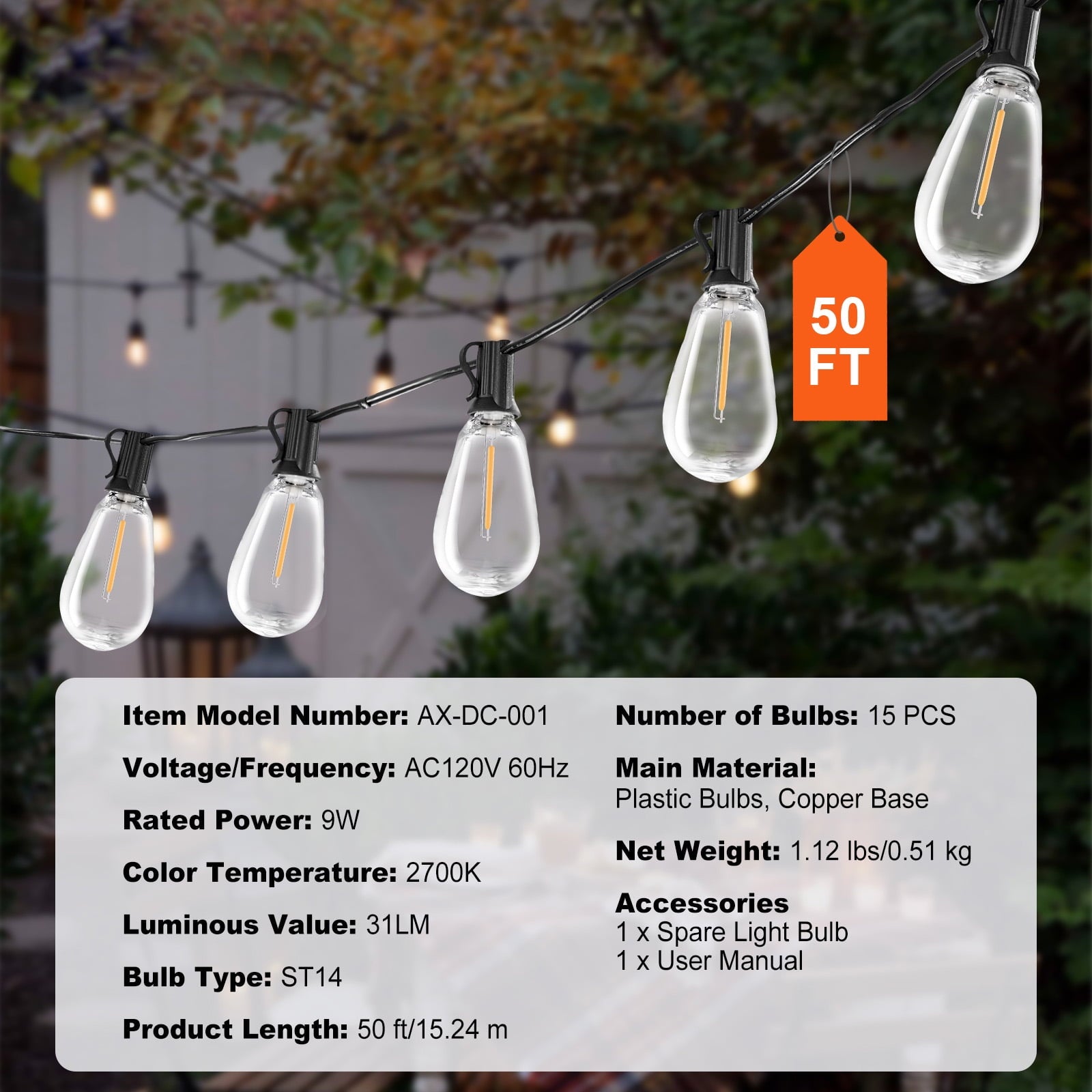 KFFKFF LED Exterior Illumination Strings, 50FT, 2700K Adjustable Brightness Terrace Lights, Includes 15 S14 Durable Bulbs with E12 Socket Base, Water-Resistant Suspended Lights for Veranda, Backyard