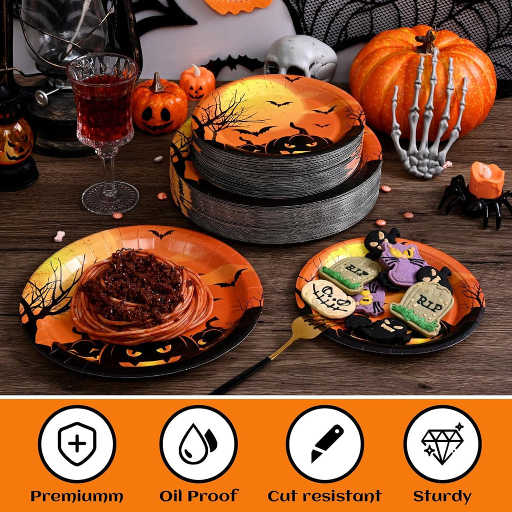 Waipfaru 200 PCS Halloween Party Supplies Paper Plates and Napkins Orange Pumpkin Disposable Tableware for Party Decoration